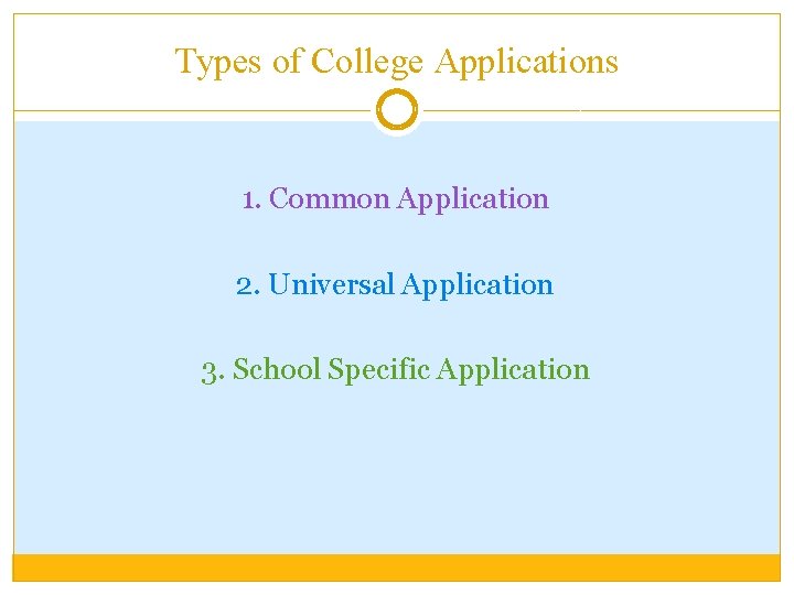 Types of College Applications 1. Common Application 2. Universal Application 3. School Specific Application
