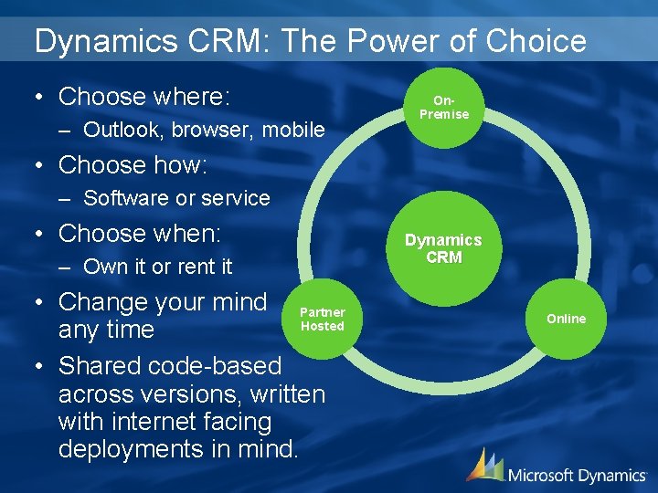 Dynamics CRM: The Power of Choice • Choose where: – Outlook, browser, mobile On.