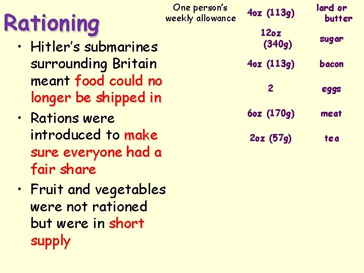 Rationing One person’s weekly allowance • Hitler’s submarines surrounding Britain meant food could no