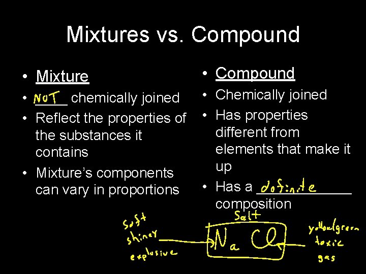 Mixtures vs. Compound • Mixture • Compound • ____ chemically joined • Reflect the