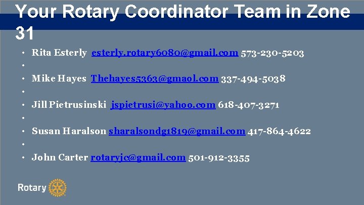 Your Rotary Coordinator Team in Zone 31 • • • Rita Esterly esterly. rotary