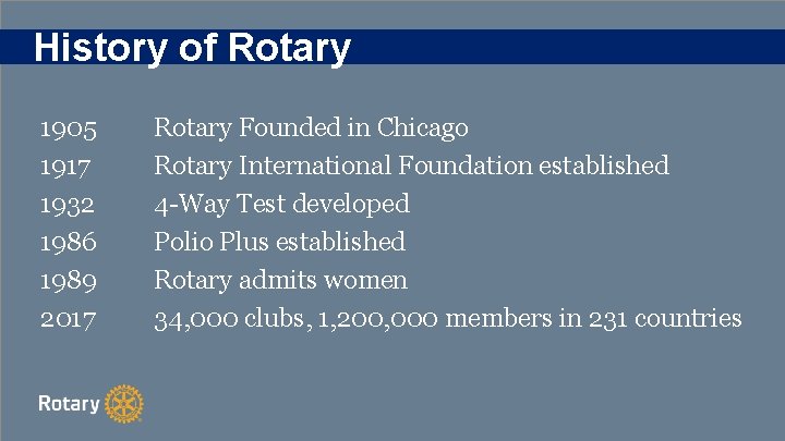 History of Rotary 1905 1917 1932 1986 1989 2017 Rotary Founded in Chicago Rotary