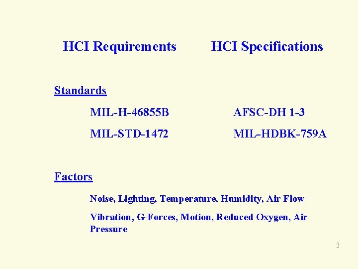 HCI Requirements HCI Specifications Standards MIL-H-46855 B AFSC-DH 1 -3 MIL-STD-1472 MIL-HDBK-759 A Factors