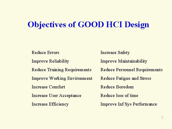 Objectives of GOOD HCI Design Reduce Errors Increase Safety Improve Reliability Improve Maintainability Reduce