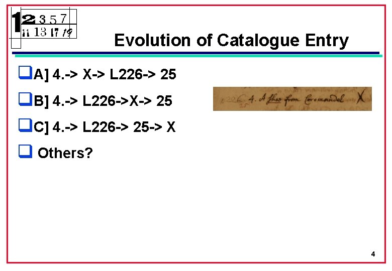 Evolution of Catalogue Entry q. A] 4. -> X-> L 226 -> 25 q.