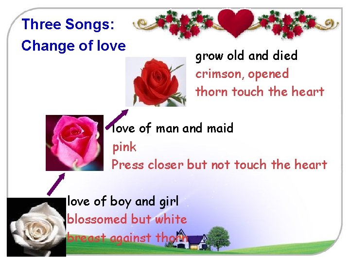 Three Songs: Change of love grow old and died crimson, opened thorn touch the