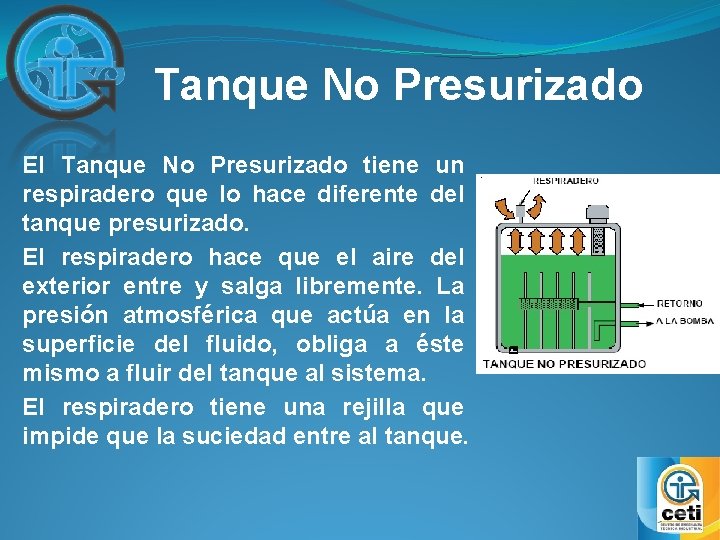 Tanque No Presurizado El Tanque No Presurizado tiene un respiradero que lo hace diferente