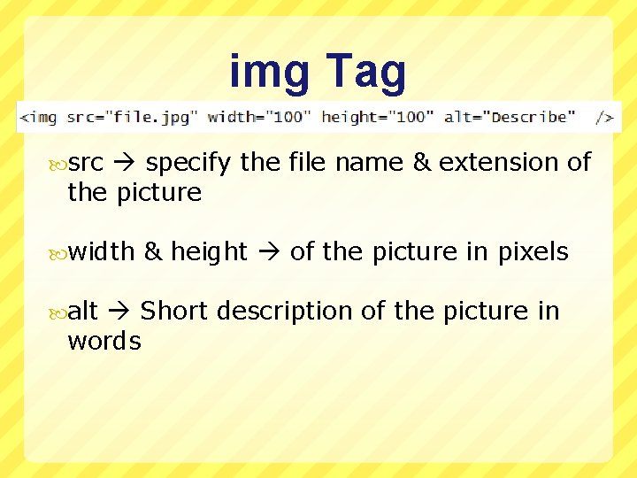 img Tag src specify the file name & extension of the picture width &