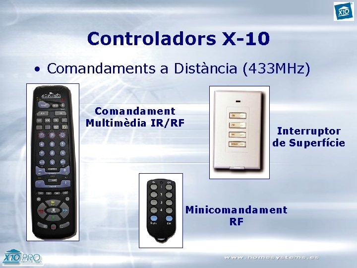 Controladors X-10 • Comandaments a Distància (433 MHz) Comandament Multimèdia IR/RF Interruptor de Superfície