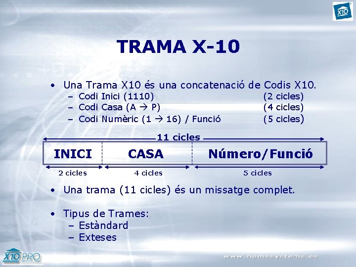 TRAMA X-10 • Una Trama X 10 és una concatenació de Codis X 10.