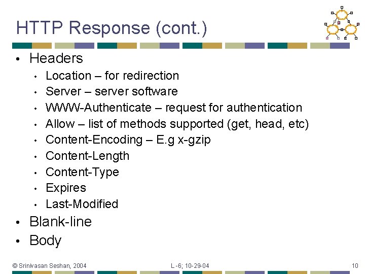 HTTP Response (cont. ) • Headers • • • Location – for redirection Server