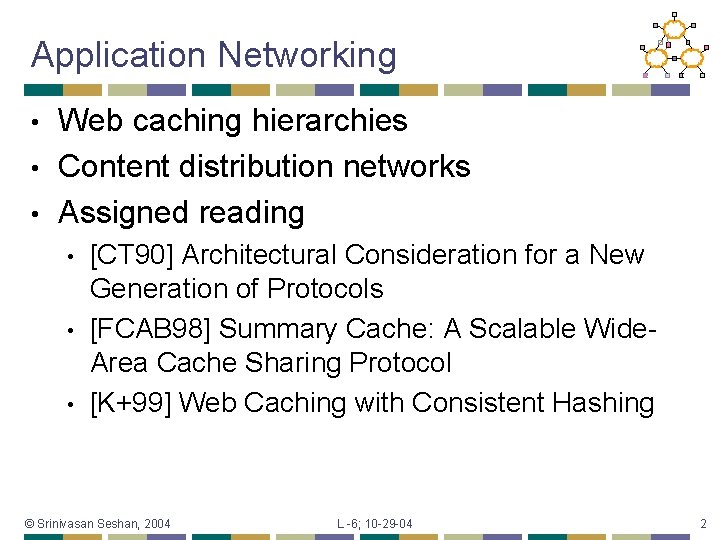 Application Networking Web caching hierarchies • Content distribution networks • Assigned reading • •