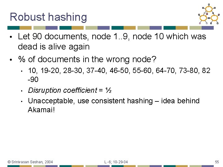 Robust hashing Let 90 documents, node 1. . 9, node 10 which was dead