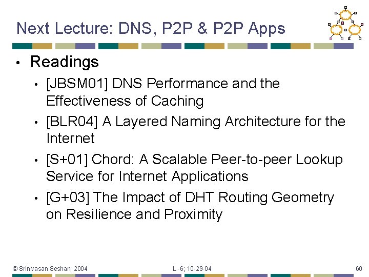 Next Lecture: DNS, P 2 P & P 2 P Apps • Readings •