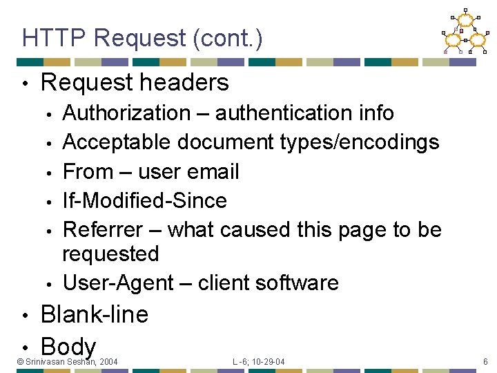 HTTP Request (cont. ) • Request headers • • • Authorization – authentication info