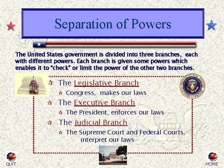 Separation of Powers The United States government is divided into three branches, each with