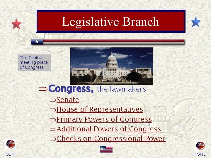 Legislative Branch The Capitol, meeting place of Congress ÞCongress, the lawmakers ÞSenate ÞHouse of