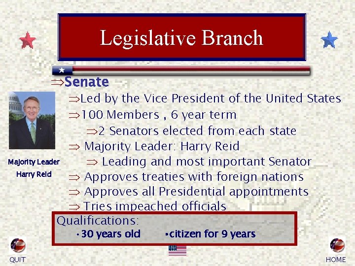 Legislative Branch ÞSenate ÞLed by the Vice President of the United States Þ 100