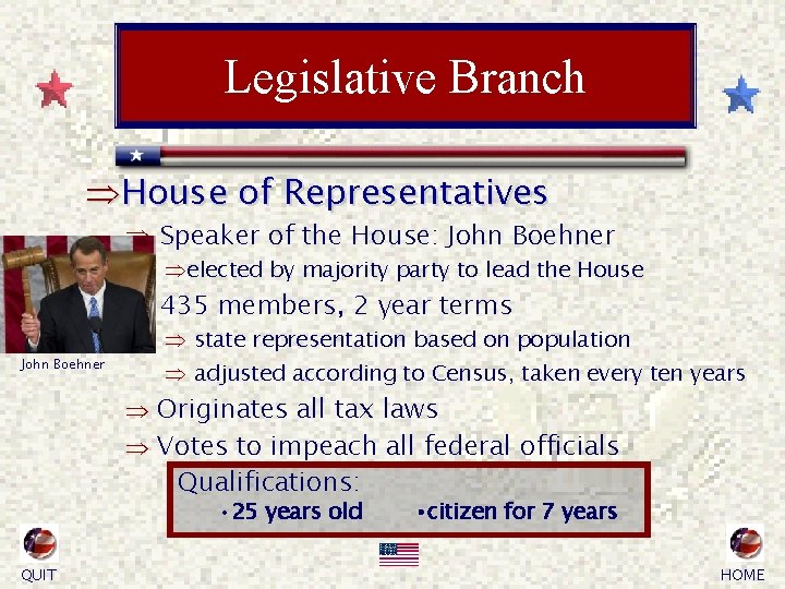 Legislative Branch ÞHouse of Representatives Þ Speaker of the House: John Boehner Þelected by