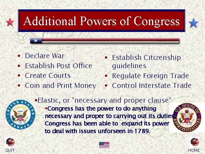 Additional Powers of Congress § § Declare War Establish Post Office Create Courts Coin