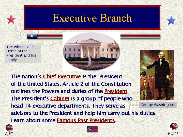 Executive Branch The White House, Home of the President and his family The nation’s