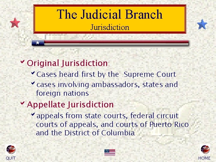 The Judicial Branch Jurisdiction b. Original Jurisdiction: b. Cases heard first by the Supreme