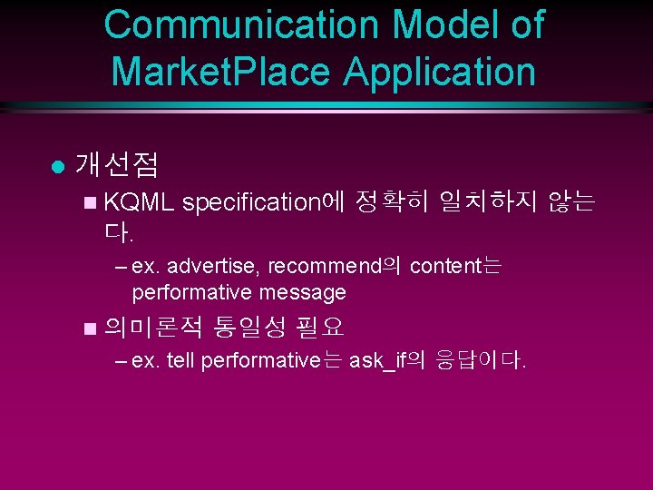 Communication Model of Market. Place Application l 개선점 n KQML specification에 정확히 일치하지 않는