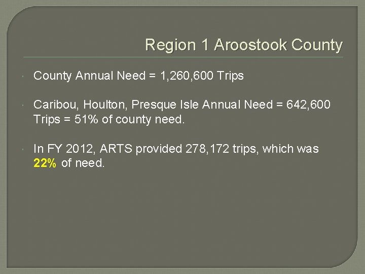 Region 1 Aroostook County Annual Need = 1, 260, 600 Trips Caribou, Houlton, Presque Region 1 Aroostook County Annual Need = 1, 260, 600 Trips Caribou, Houlton, Presque