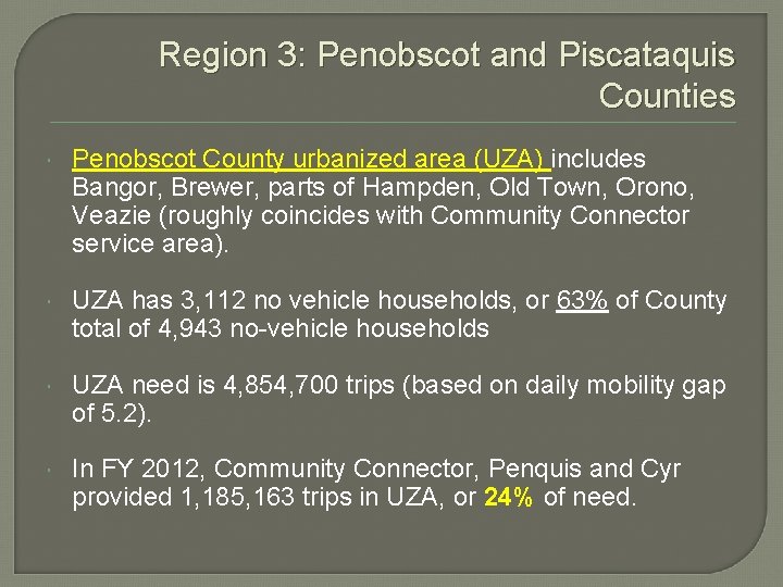 Region 3: Penobscot and Piscataquis Counties Penobscot County urbanized area (UZA) includes Bangor, Brewer,