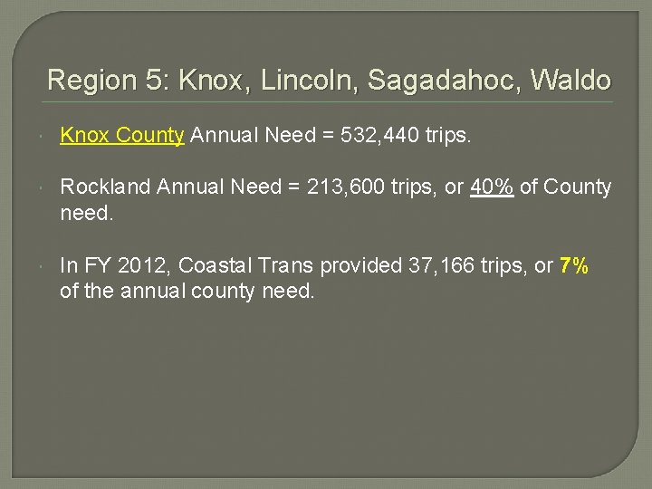 Region 5: Knox, Lincoln, Sagadahoc, Waldo Knox County Annual Need = 532, 440 trips.