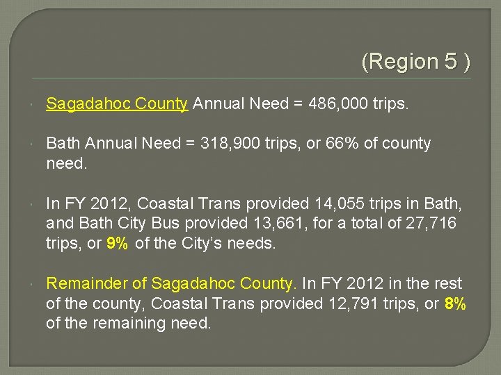 (Region 5 ) Sagadahoc County Annual Need = 486, 000 trips. Bath Annual Need