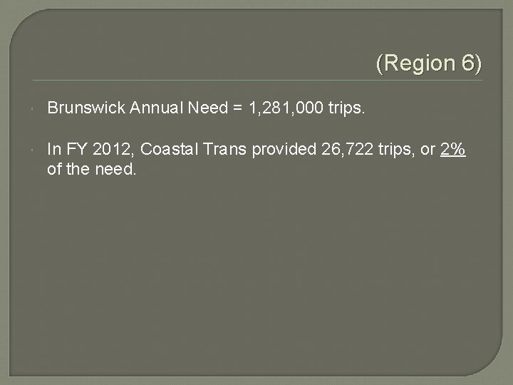 (Region 6) Brunswick Annual Need = 1, 281, 000 trips. In FY 2012, Coastal