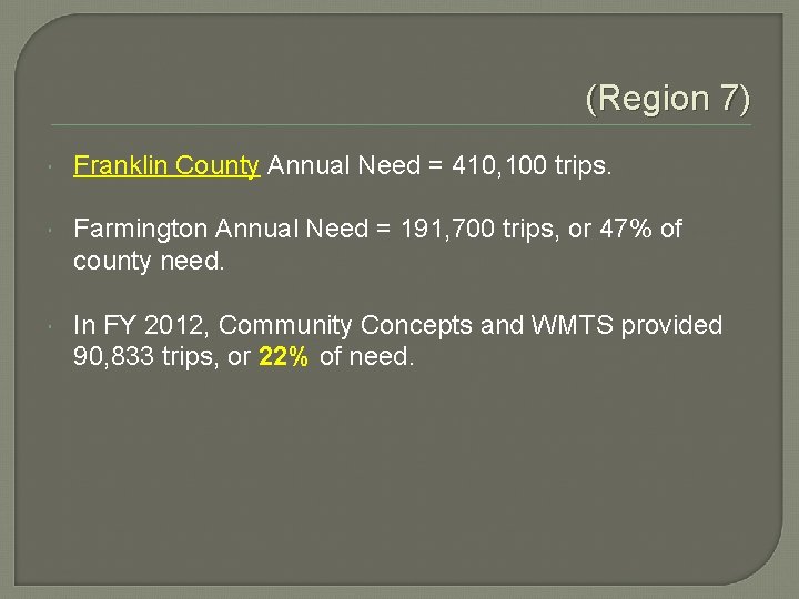 (Region 7) Franklin County Annual Need = 410, 100 trips. Farmington Annual Need = (Region 7) Franklin County Annual Need = 410, 100 trips. Farmington Annual Need =