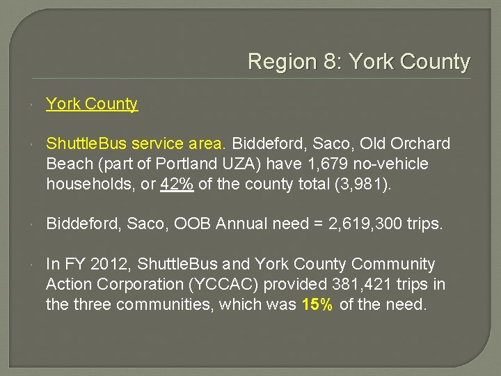 Region 8: York County Shuttle. Bus service area. Biddeford, Saco, Old Orchard Beach (part