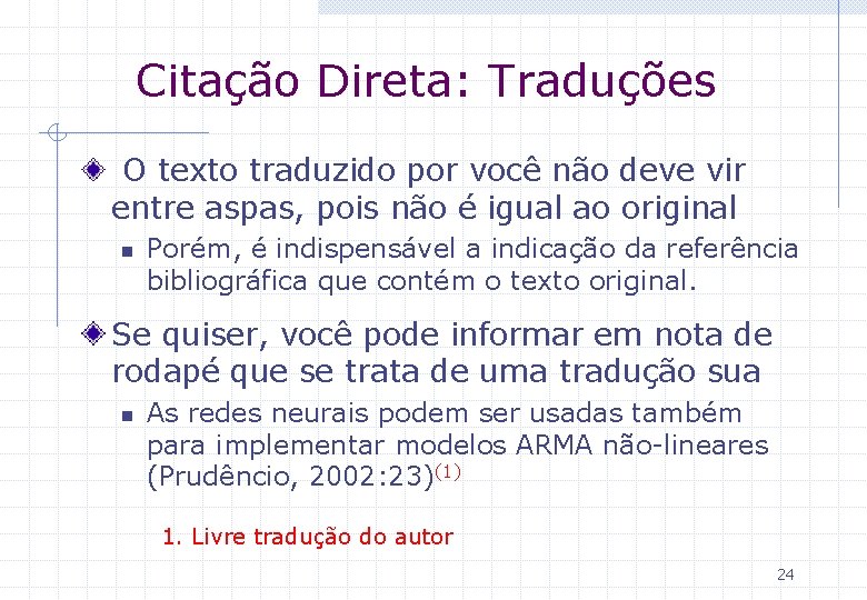 Citação Direta: Traduções O texto traduzido por você não deve vir entre aspas, pois