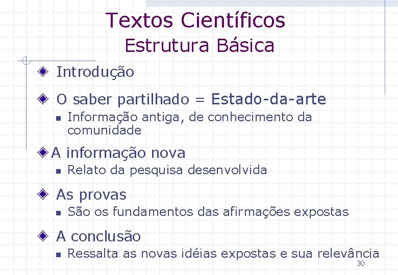 Textos Científicos Estrutura Básica Introdução O saber partilhado = Estado-da-arte n Informação antiga, de