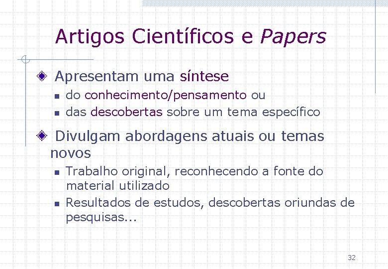 Artigos Científicos e Papers Apresentam uma síntese n n do conhecimento/pensamento ou das descobertas