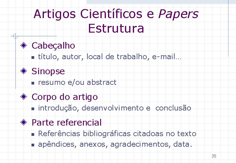 Artigos Científicos e Papers Estrutura Cabeçalho n título, autor, local de trabalho, e-mail… Sinopse