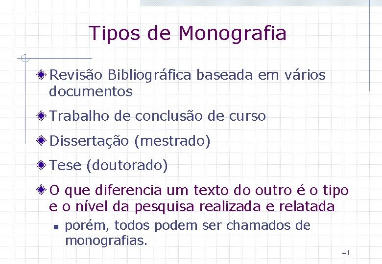 Tipos de Monografia Revisão Bibliográfica baseada em vários documentos Trabalho de conclusão de curso