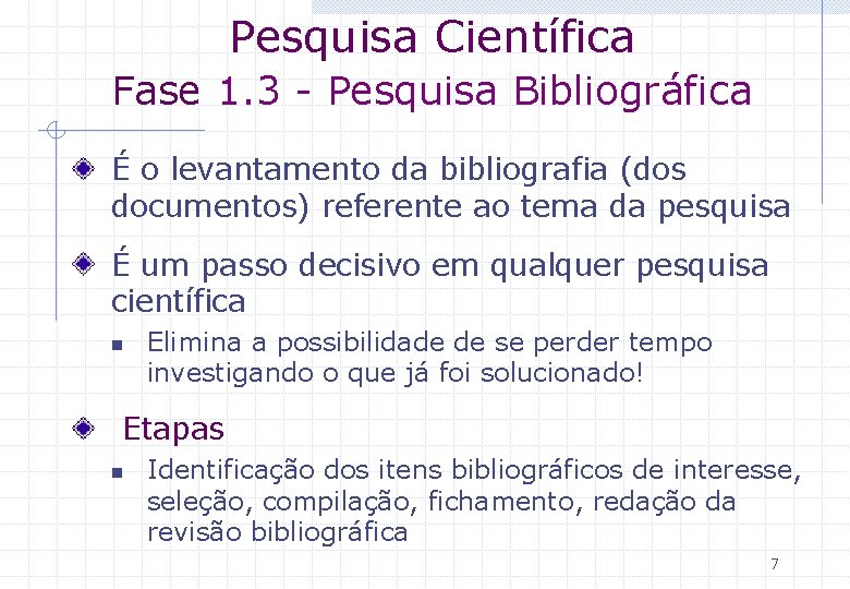 Pesquisa Científica Fase 1. 3 - Pesquisa Bibliográfica É o levantamento da bibliografia (dos