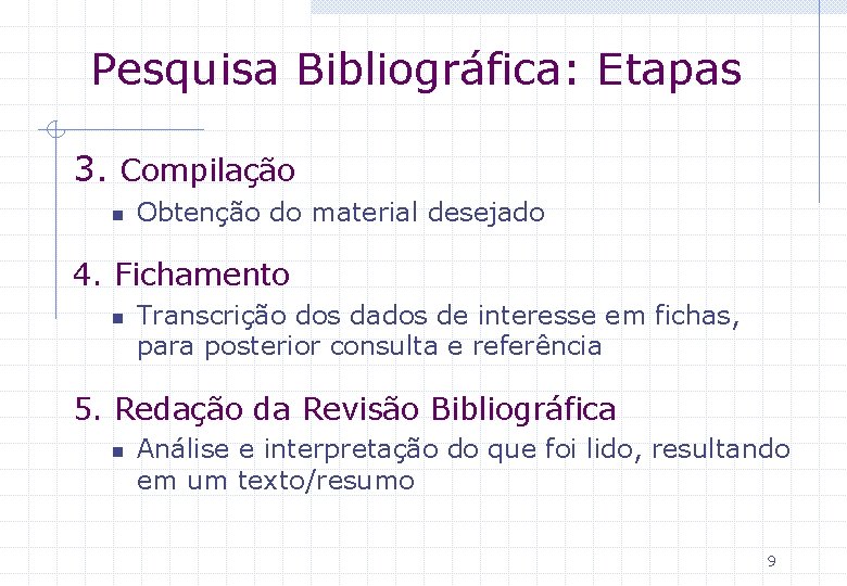 Pesquisa Bibliográfica: Etapas 3. Compilação n Obtenção do material desejado 4. Fichamento n Transcrição