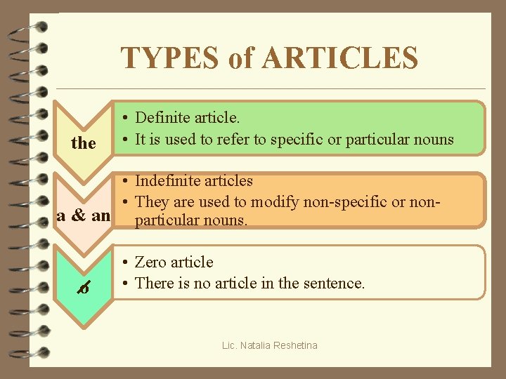 TYPES of ARTICLES the • Definite article. • It is used to refer to