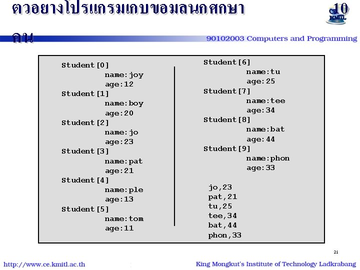 ตวอยางโปรแกรมเกบขอมลนกศกษา คน Student[0] name: joy age: 12 Student[1] name: boy age: 20 Student[2] name: