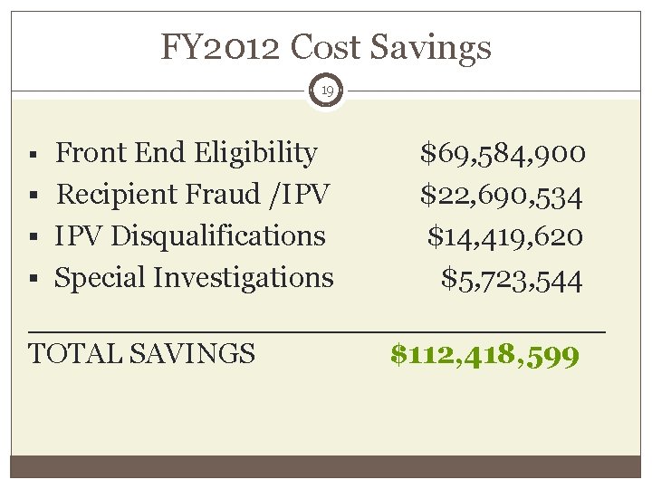 FY 2012 Cost Savings 19 Front End Eligibility $69, 584, 900 § Recipient Fraud