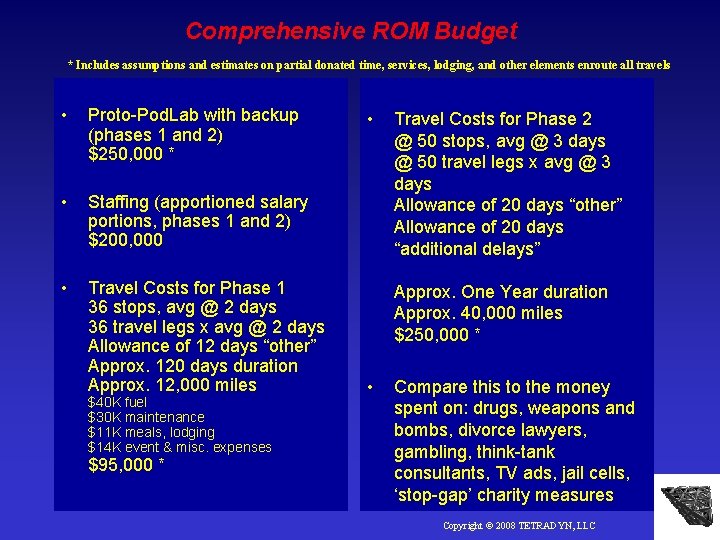 Comprehensive ROM Budget * Includes assumptions and estimates on partial donated time, services, lodging,