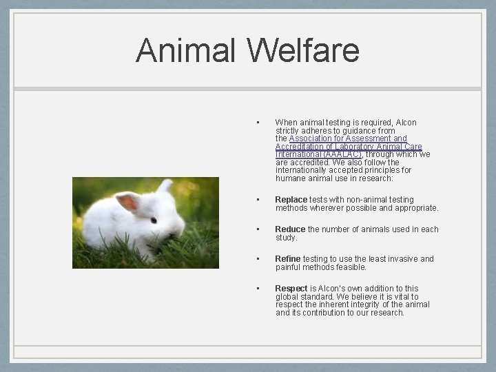Animal Welfare • When animal testing is required, Alcon strictly adheres to guidance from