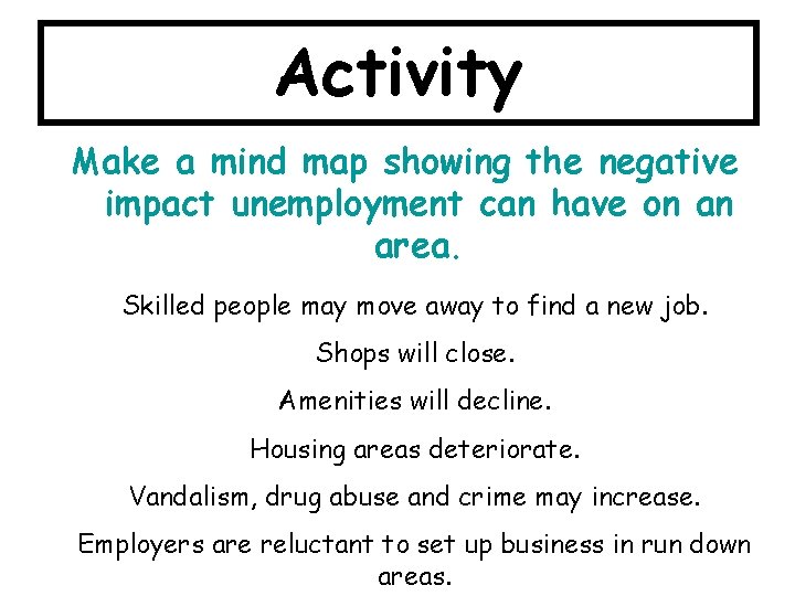Activity Make a mind map showing the negative impact unemployment can have on an