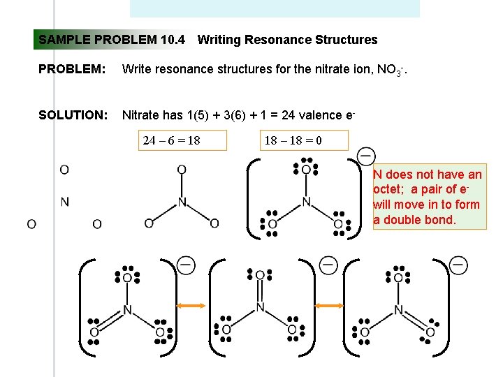 SAMPLE PROBLEM 10. 4 Writing Resonance Structures PROBLEM: Write resonance structures for the nitrate SAMPLE PROBLEM 10. 4 Writing Resonance Structures PROBLEM: Write resonance structures for the nitrate
