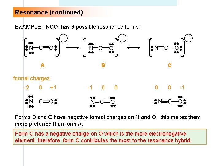 Resonance (continued) EXAMPLE: NCO- has 3 possible resonance forms - A B C formal Resonance (continued) EXAMPLE: NCO- has 3 possible resonance forms - A B C formal