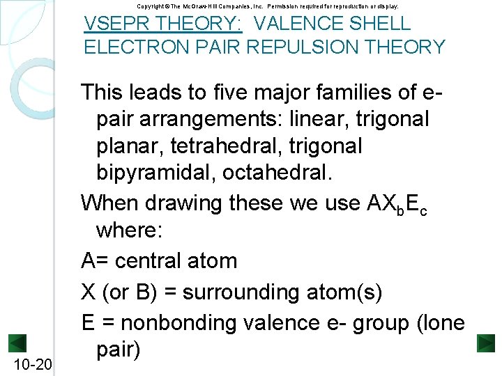 Copyright ©The Mc. Graw-Hill Companies, Inc. Permission required for reproduction or display. VSEPR THEORY: Copyright ©The Mc. Graw-Hill Companies, Inc. Permission required for reproduction or display. VSEPR THEORY: